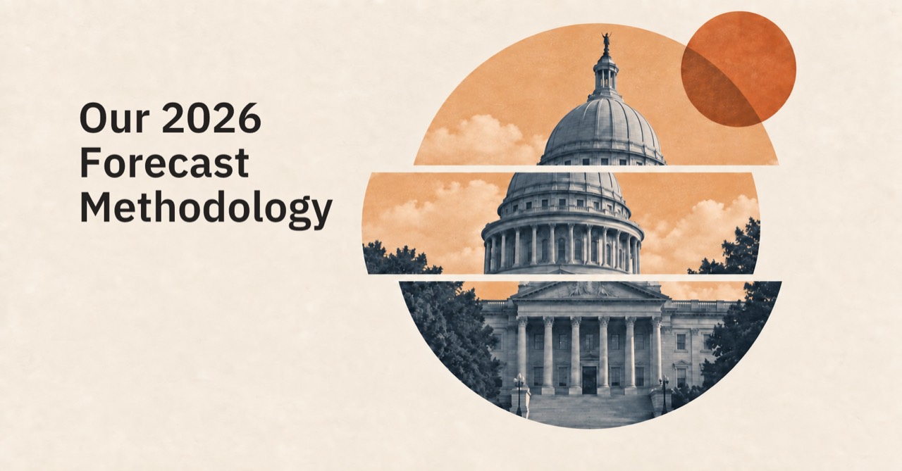 Our 2026 Forecast Methodology — a capitol dome framed by orange geometric shapes