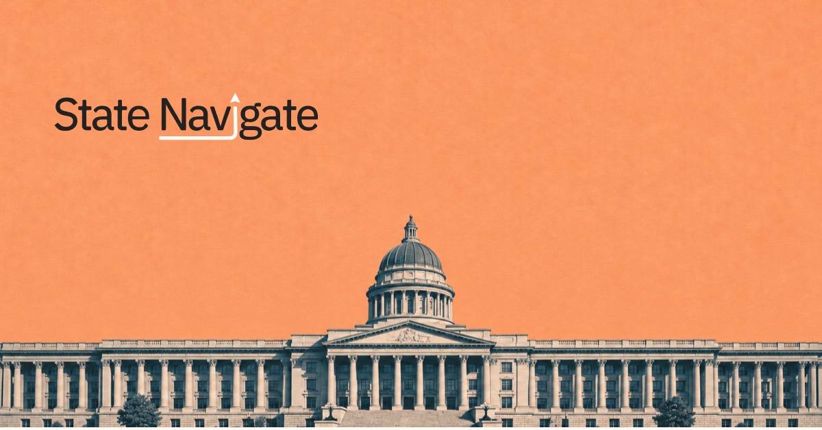 State Navigate wordmark above a capitol building against an orange background
