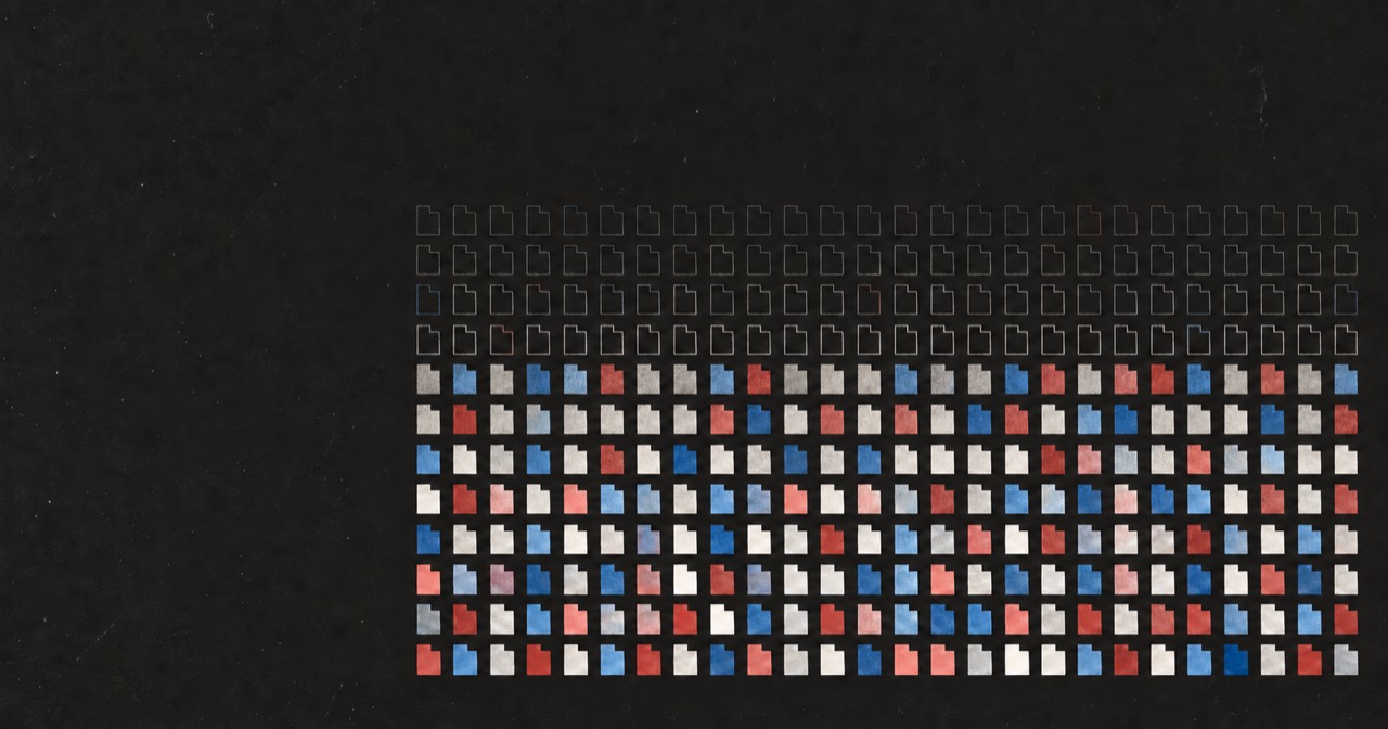 Rows of Utah silhouettes in red, blue, and white on a dark textured background