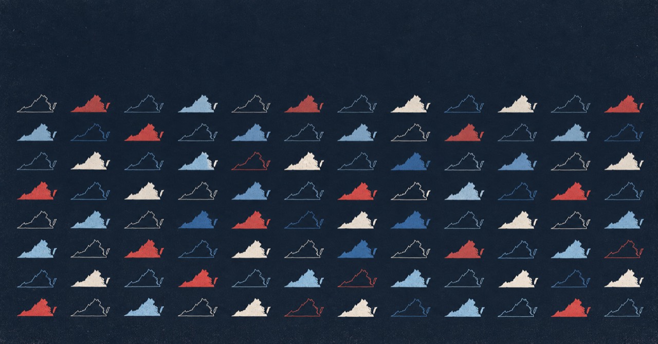 Rows of Virginia silhouettes in red, blue, and cream on a dark textured background