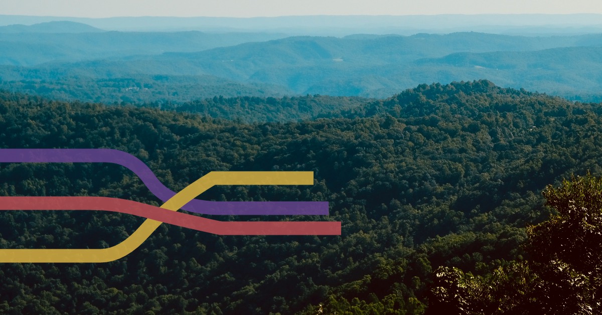 West Virginia mountain landscape with purple, yellow, and red polling lines