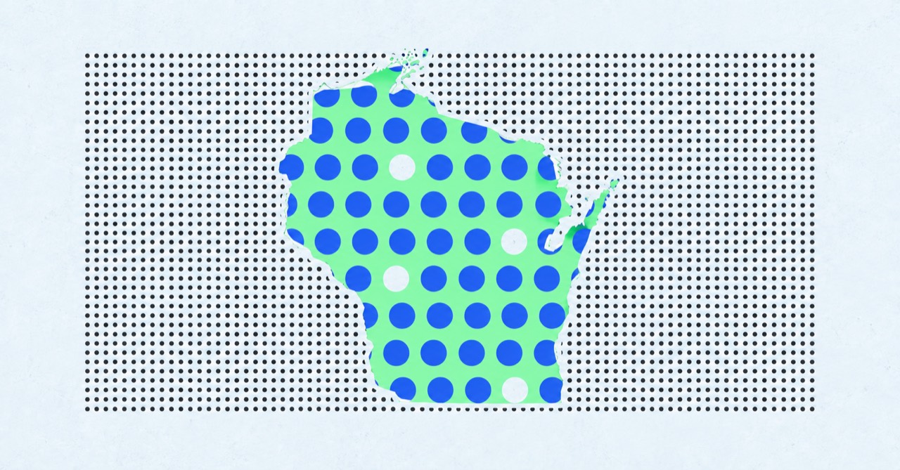 Wisconsin silhouette filled with blue dots on a green field against a dotted background